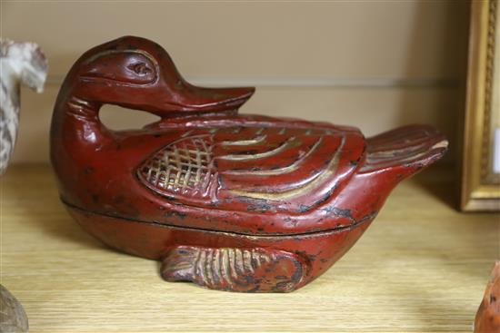 Two Chinese soapstone carvings, a lacquered wood duck, two lacquer stands and a brushpot, duck W.24cm